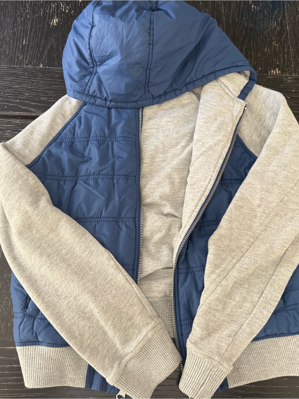 Kids' Hooded Puffer Jacket with Knit Sleeves - Nordstrom brand, size 10/12